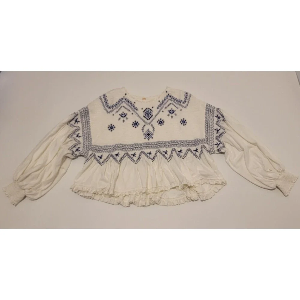 Free People Holly Embroidered Smocked White/Blue Women's Size L Boho Peasant Top